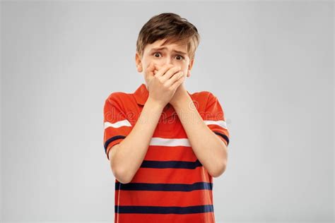 Scared Boy Clothing Mouth With Hands Stock Image Image Of Frightened