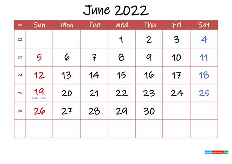 Printable June 2022 Calendar With Holidays Template Ink22m30