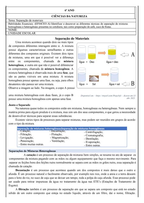 Atividades Sobre Misturas Ano Modisedu