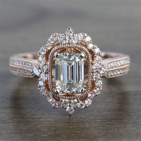 CT Emerald Cut Moissanite Unique Halo Vintage Engagement Ring