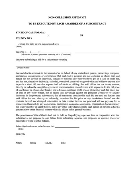 The affidavit can be signed in front of the notary public or oaths commissioner. Fillable Non-Collusion Affidavit Form (To Be Executed By ...