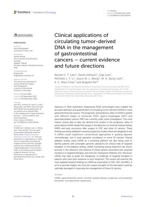 Pdf Clinical Applications Of Circulating Tumor Derived Dna In The