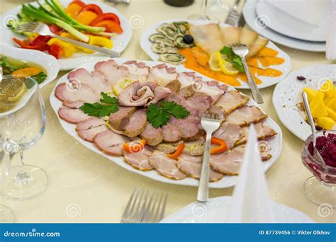 Meat Cutting The Wedding Table Fat Meat Slices Texture Stock Photo