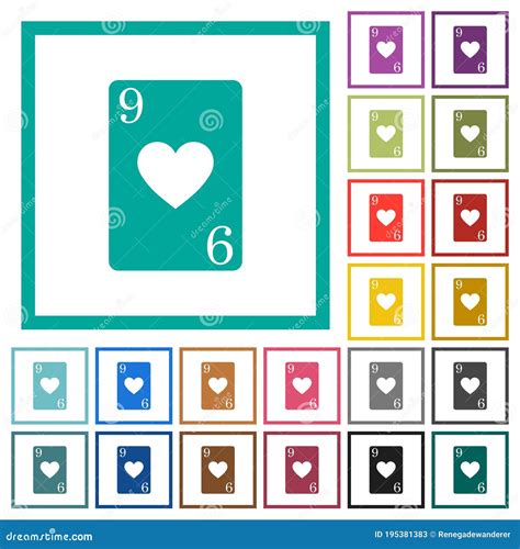 Nine Of Hearts Card Flat Color Icons With Quadrant Frames Stock Vector