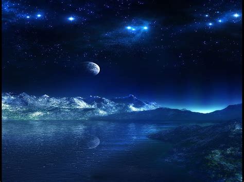 Blue Twilight Stars Moon Water Mountains Twilight Reflection Sky