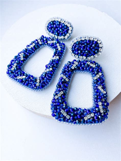 Blue Beaded Earrings Statement Earrings With Crystals Seed Etsy