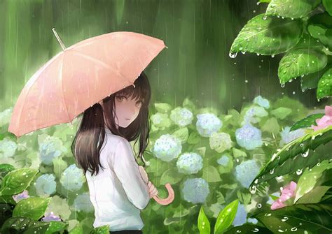 wallpaper sunlight flowers long hair anime girls nature rain water drops umbrella