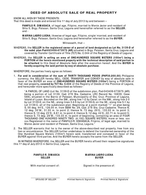 Deed Of Sale Of Real Estate Portion100 Pdf Deed Real Property Law