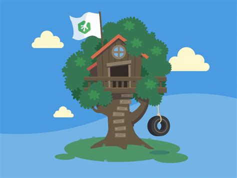 A Tree House With A Tire Hanging From It S Side And A Flag Flying In The Background