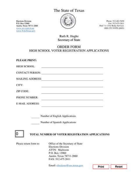 Texas Order Form High School Voter Registration Applications Fill