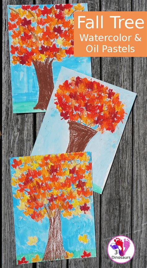Fall Tree Watercolor And Oil Pastels 3 Dinosaurs