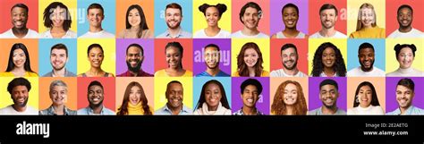 Collection Of Multiracial People Portraits Posing On Colorful Studio