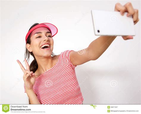 Laughing Girl With Peace Hand Sign Taking Selfie Stock Image Image Of Girl Camera 58971307