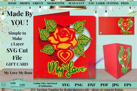 Valentine Love Heart Rose 3D layered Gift Card SVG Cut File