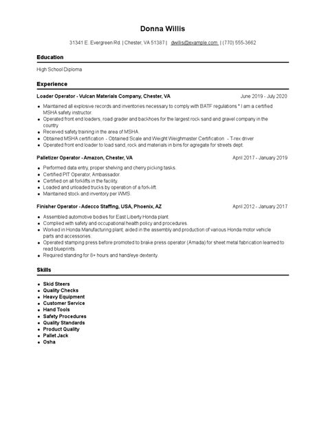 Loader Operator Resume Examples And Tips Zippia