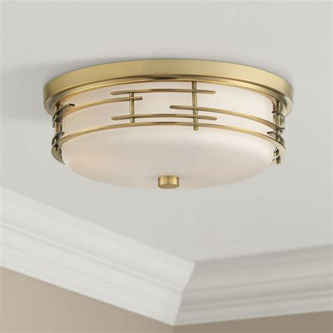 Franklin Iron Works Modern Ceiling Light Flush Mount Fixture Soft Gold 14 Wide White Glass Drum