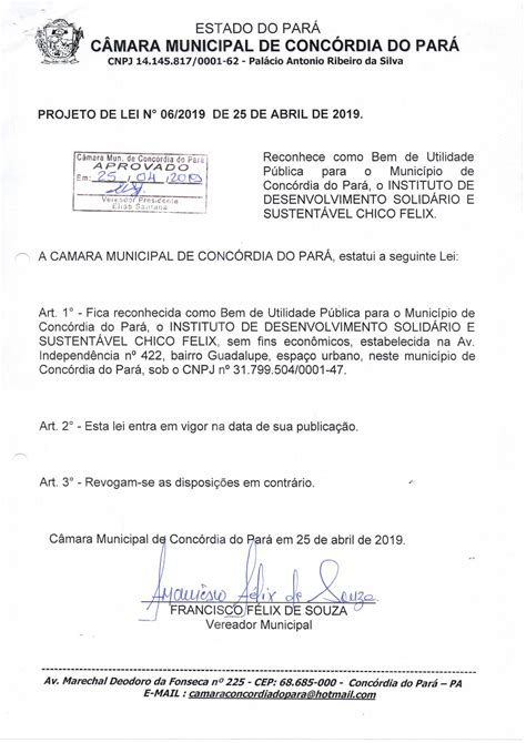 Projeto De Lei Nº 06 2019 Câmara Municipal De Concórdia Do Pará