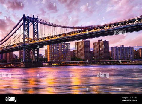 Beautiful Sunset View Of Manhattan Bridge From Brooklyn Hi Res Stock