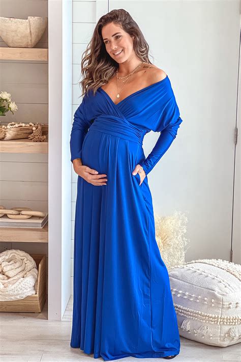 Blue Maternity Maxi Dress With Dolman Sleeves And Pockets Maxi