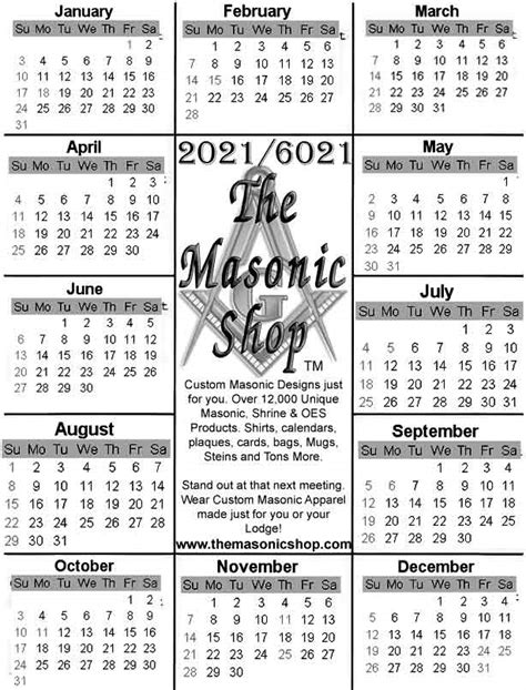 2021 6021 Free Printable Masonic Calendar From The Masonic Shop