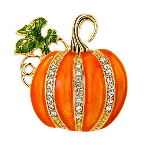 Jangslng Halloween Brooch Alloy Green Leaves Orange Enamel Pumpkin Brooch Festive Rhinestone