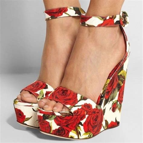 Red Rose Floral Heels Ankle Strap Platform Wedge Sandals Image 1 Floral Heels Flower Shoes