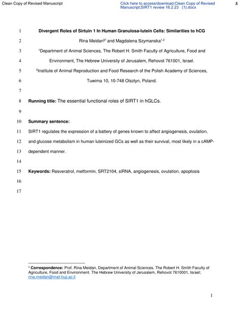 PDF Divergent Roles Of Sirtuin 1 In Human Granulosa Lutein Cells