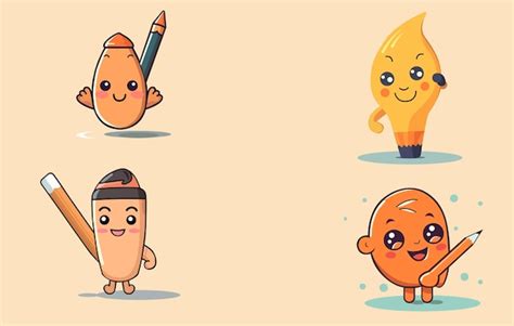 Premium Vector Set Of Yellow Pencil Characters Cute Pencils With