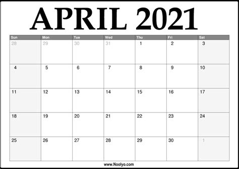 2021 April Calendar Printable Download Free Calendars