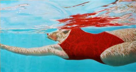 Carol Bennett Suspense Oil Painting Of Woman In Red Bathing Suit Swimming In Turquoise Water