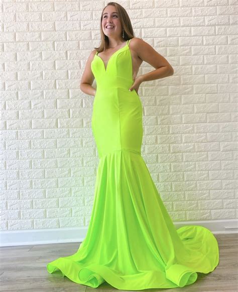 Neon Green Fit And Flare Prom Dress In 2021 Neon Prom Dresses Green