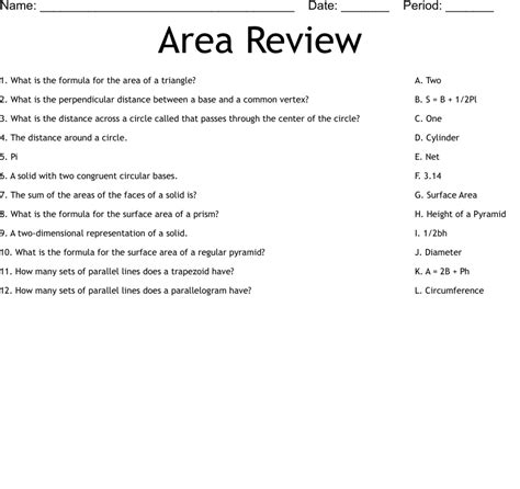 Area Review Worksheet Wordmint