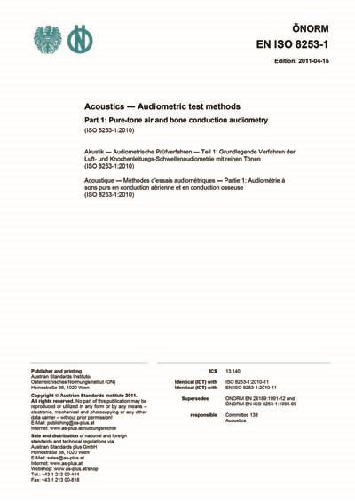 Onorm En Iso Acoustics Audiometric Test Methods Part