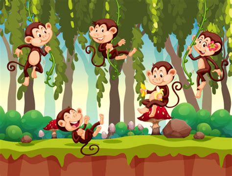 Monkeys Doing Different Things In The Jungle Stock Illustration By