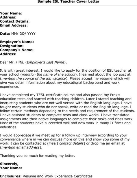 A subject line is not really necessary. Application letter esl teacher