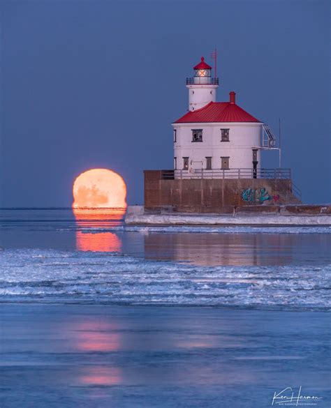 Full Moon Rise And Wisconsin Point Lighthouse From Minnesota Point In