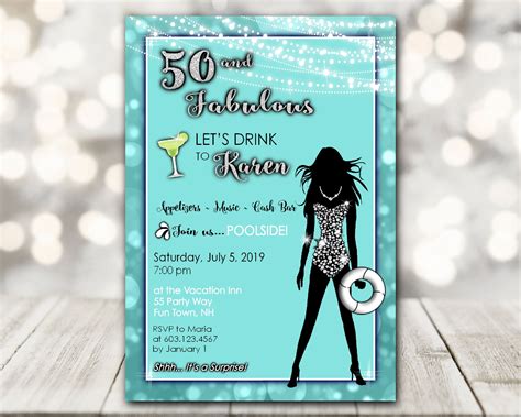 50th birthday party invitation for a woman fifty and fabulous pool party invitation elegant