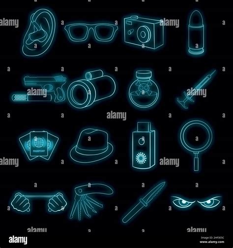 Spy And Security Icons Set In Neon Style Detective Equipment Set