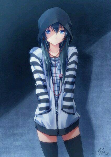 Blue Hair Anime Girl Wearing Hoodie Anime Tyttö Anime Manga Anime
