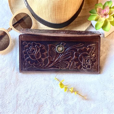 Brown Tooled Roses Wallet For Woman Woman Wallet Leather Handmade