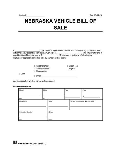 Free Nebraska Motor Vehicle Bill Of Sale Form Legal Templates