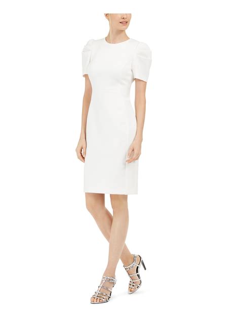 Calvin Klein Womens White Short Sleeve Jewel Neck Knee Length Evening