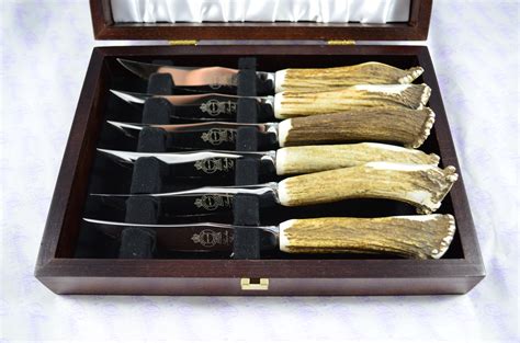 Six Full Crown Genuine Stagantler Handle Steak Knives Made Sheffield