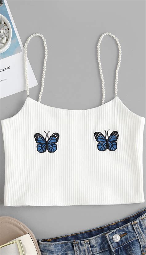 Faux Pearl Ribbed Butterfly Embroidered Cami Top White In 2021 Cute