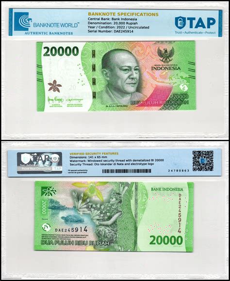 Indonesia 20000 Rupiah Banknote 2022 P 166 Unc Tap Authenticated