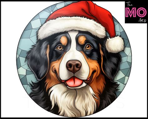 5 Bernese Mountain Dog Santa Hat Round Circle Stained Glass Etsy