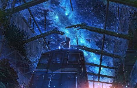 Wallpaper Train Scenic Anime Starry Sky Night Anime Girl
