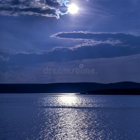 Night Landscape Of Lake Sky With Cloud And Full Moon Moonlight Path
