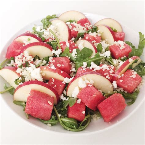 Watermelon Apple Salad With Arugula Couscous And Feta Dressed In Green