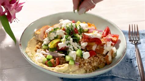 Great for summer entertaining, this artichoke, feta and roasted pepper couscous salad is best served at room temperature. Chicken Gyro Couscous Bowls with Hummus, Tomato-Cucumber ...